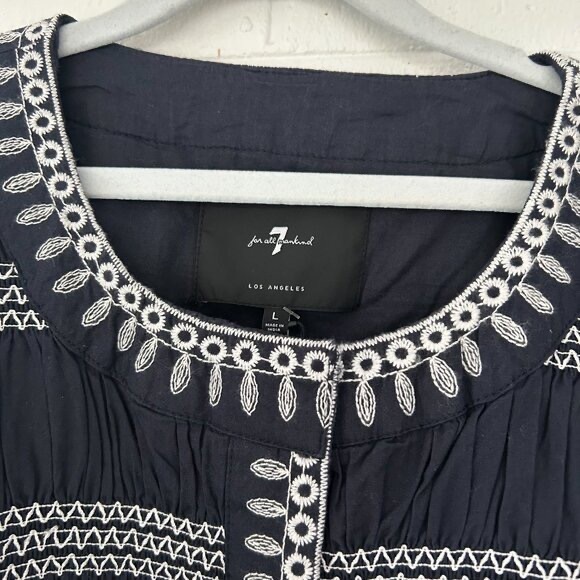 NWT 7 for all Mankind Embroidered Puff Sleeve Snap Button Jacket in Navy Blue - Picture 4 of 6